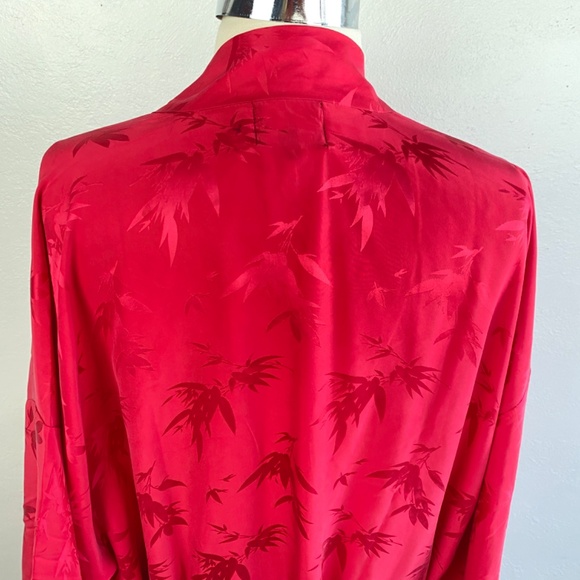 Hot Pink Chinese Peignoir Kimono Short Robe Large Bamboo Leaves Tie Belt Pockets - Picture 13 of 16